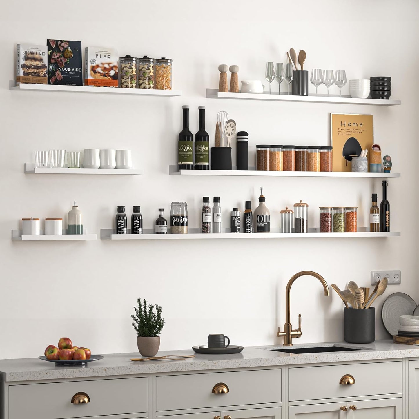 Heimlove Picture Ledge Shelf, Floating Shelves Set of 2, 72 Inches Long Large Picture Shelf for Wall with Ledge, Kids Bookshelf Wall Mounted for Living Room Bedroom Decor Books Photo Frames, White