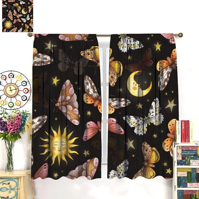 Sun Moon Blackout Window Curtains, Watercolor Butterflies Starry Moths Art Pattern Print Window Drapes, for Living Room Bedroom 63x63in 2 Panels