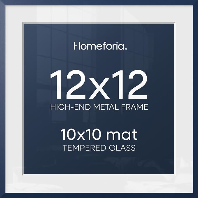 Homeforia 12x12 Picture Frame Navy Blue, High End Metal 12 x 12 Square Poster Frame with Mat 10 x 10 Photo, 12x12 Frame Matted to 10x10 Print, 12by12 Hanging Frames, Tempered Glass, Wall Kit, Set of 1