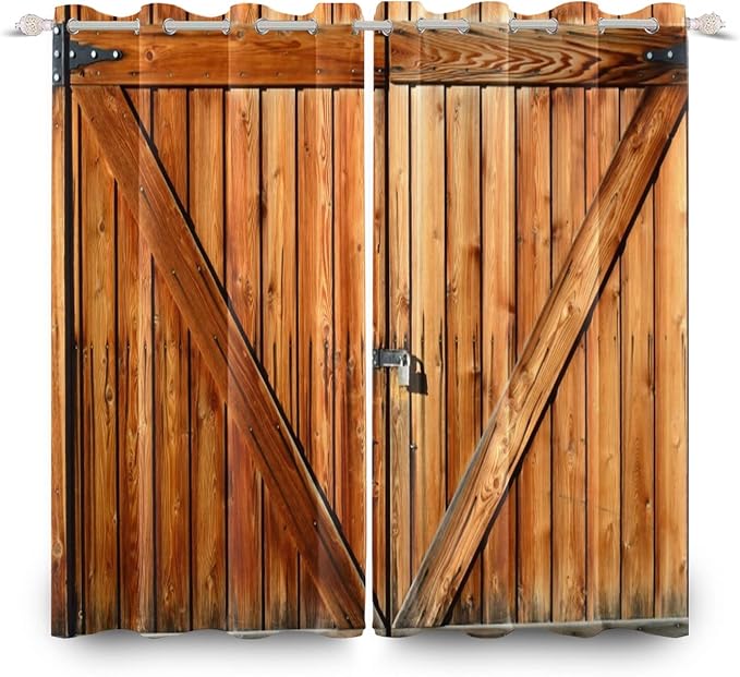 Russet Wooden Door Window Curtains Old Garage Door Curtains Rustic Barn Door Curtains Vintage Wood Planks American Rural Style Native Country Farmhouse Drape Treatments,21x45 inch,2 Panels