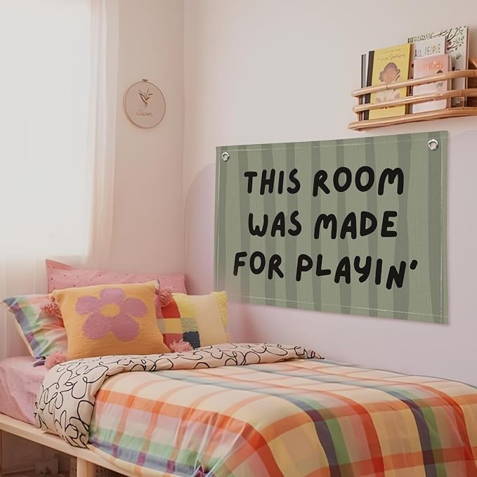 Playroom Decor Wall Banner "This Room Was Made For Playin'" 20x30 Inch - Nursery Canvas Art, Kids Bedroom Hanging, Linen Toddler Play Area Sign, Children's Canvas Flag Decor - Green