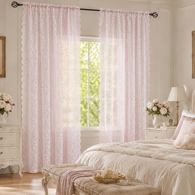 ALIGOGO Pink Lace Curtains 84 Inch 2 Panels Floral Coquette Sheer Drapes | French Cute Romantic, for Nursery Living Room, Light Filtering & Privacy, Rod Pocket, 52" W x 84" L