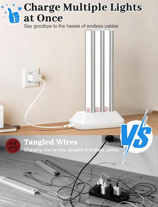 14in Under Cabinet Lighting with Charging Station, 3200mAh Rechargeable Motion Sensor Light Indoor, Magnetic Under Cabinet Lights for Kitchen, 3 Color Tempers Dimmable Closet Lights Wireless, 6-Pack