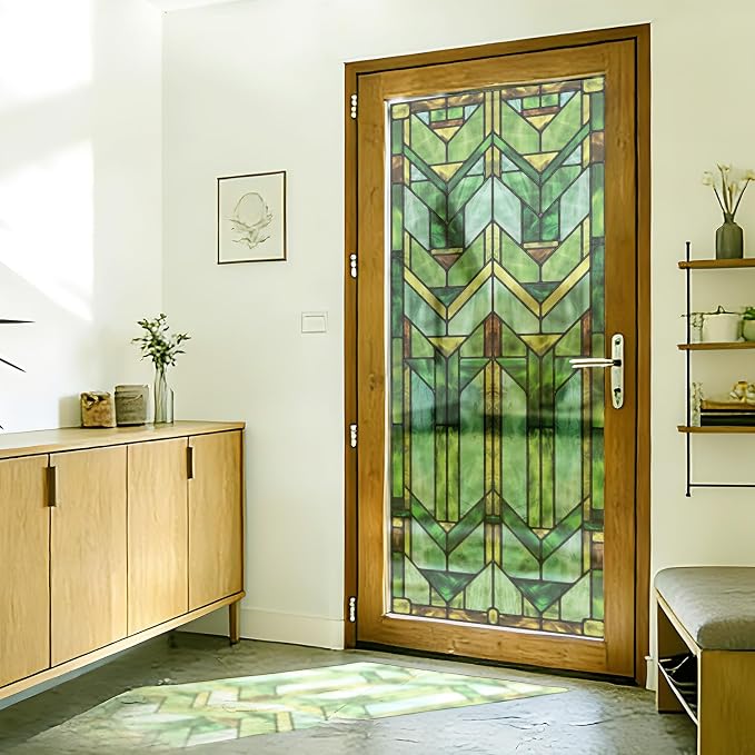 Faux Stained Glass Effect Transparent Window Film, Decorative Window Cling for Front Door Sliding Door Glass Film Decor Inspired by Frank Lloyd Wright, 29.53" x68.9" Martin House, Green