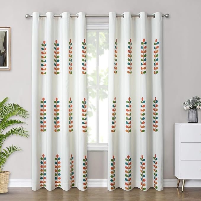 VOGOL Country Style Grommet Curtains, Colorful Leaf Pattern Window Curtain for Kitchen Windows, Faux Linen Thermal Insulated Drapes for Living Room