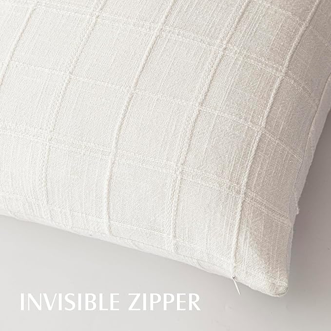Foindtower Set of 2 Decorative Linen Check Throw Pillow Covers Neutral Farmhouse Vintage Cushion Covers Modern Boho Home Decor for Sofa Chair Couch Bedroom Living Room,16×16 Inch,Cream White