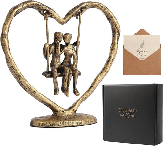 50th/Golden Anniversary Wedding Gifts for Wife/Her/Him,Valentine's Day/Birthday/Wedding Gifts for Couples,Heart Sculpture/Figurine,Handcrafted Antique Golden Metal Couple Statue Decor
