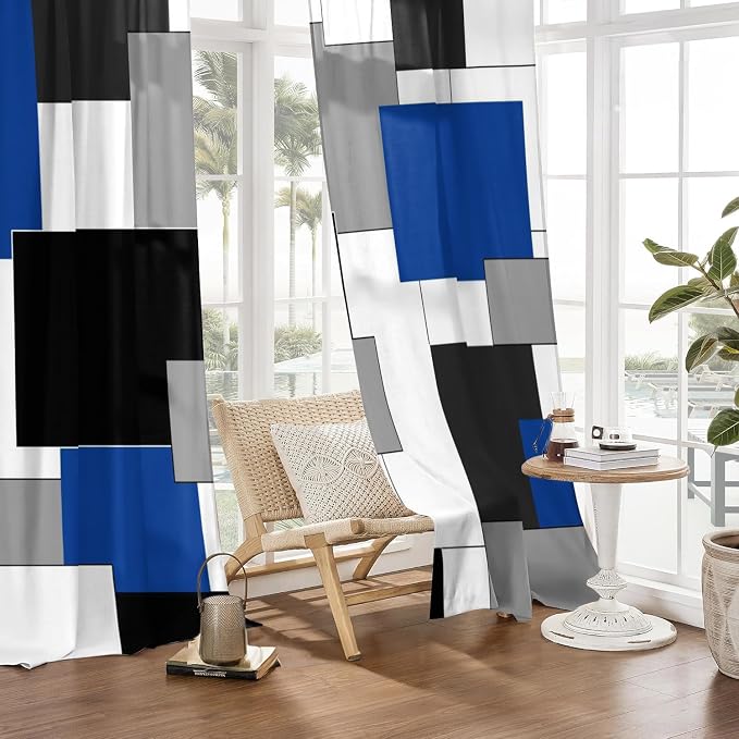 Blue and Black Curtains for Living Room 84 Length Geometry Curtains Modern White Blue Abstract Rod Pocket Curtain for Bedroom Kitchen Room Window Drapes 2 Panels