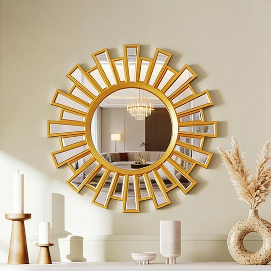 Sun Gold Wall Decorative Mirror - 24" Sun Sunburst Starburst Mirror for Wall Decor, Hanging Circle Gold Mirrors with Glass for Living Room, Bedroom, Entryway, Hallway, Fireplace