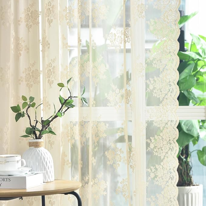 Kotile Beige Lace Kitchen Curtains 36 Inch Length 2 Panels Country Floral Vintage Short Lace Curtains for Windows Over Sink, Rod Pocket Privacy Kitchen Sheer Cafe Curtain, 42 x 36 Inch