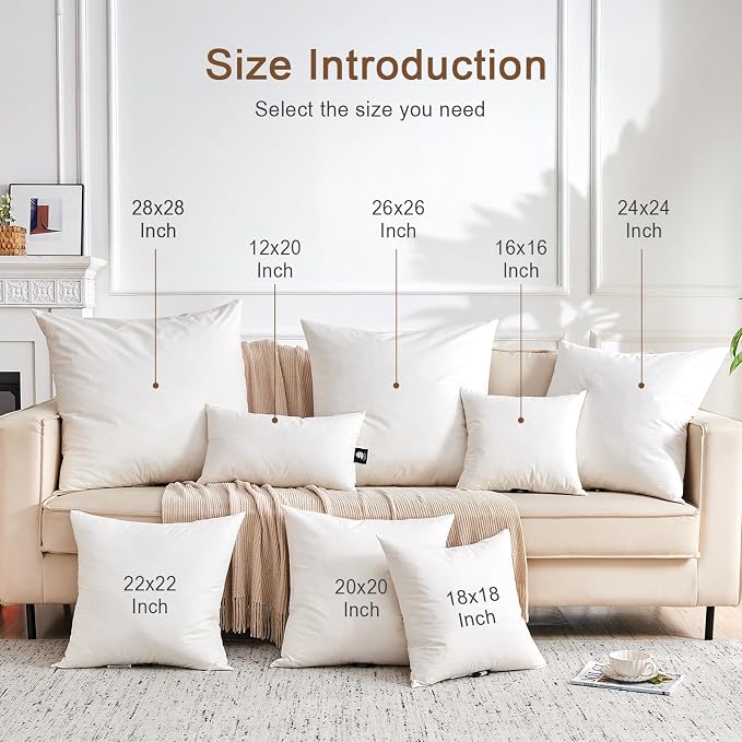 Organic Feather Down Throw Pillow Inserts (12x12 Inch, Set of 2) - 100% Cotton Shell, Filling of Feathers & Memory Foam, Square Decorative Pillow Form Core for Couch, Sofa, and Bed