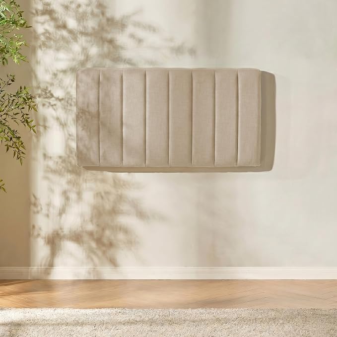 Hearth & Harbor Upholstered Twin Headboard - Easy Assemble Channel Stitched Headboard Twin Size - Wall Mounted Headboards with 3D Soundproof Wall Panels Peel & Stick Floating Headboards, Beige