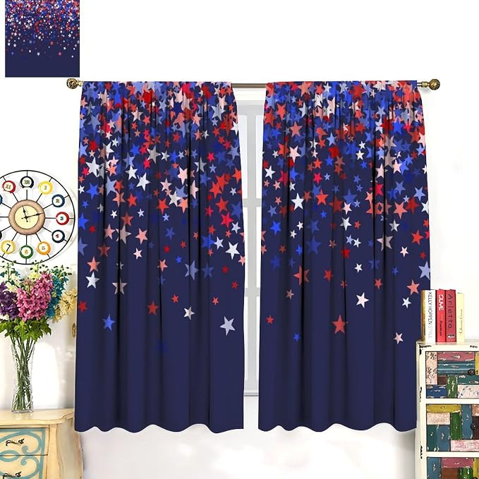 4th of July Curtain,American Flag Blue Red Star Independence Day Drapes for Bedroom Living Room Kitchen Window Treatment 2 Panels Set Total Size 52" W X 84" L Inch