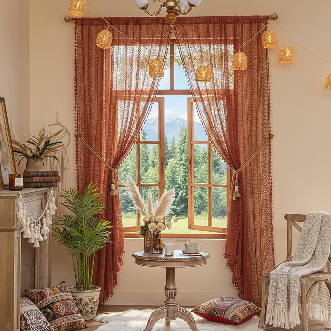 WAZZIO Boho Lace Curtains 96 Inches 2 Panel,Light Filtering Privacy Tassel & Geometry Crochet Semi Sheer Curtain Drapes for Bedroom Living Dining Room,Rod Pocket & Tassel,Full Decor,Burnt Orange