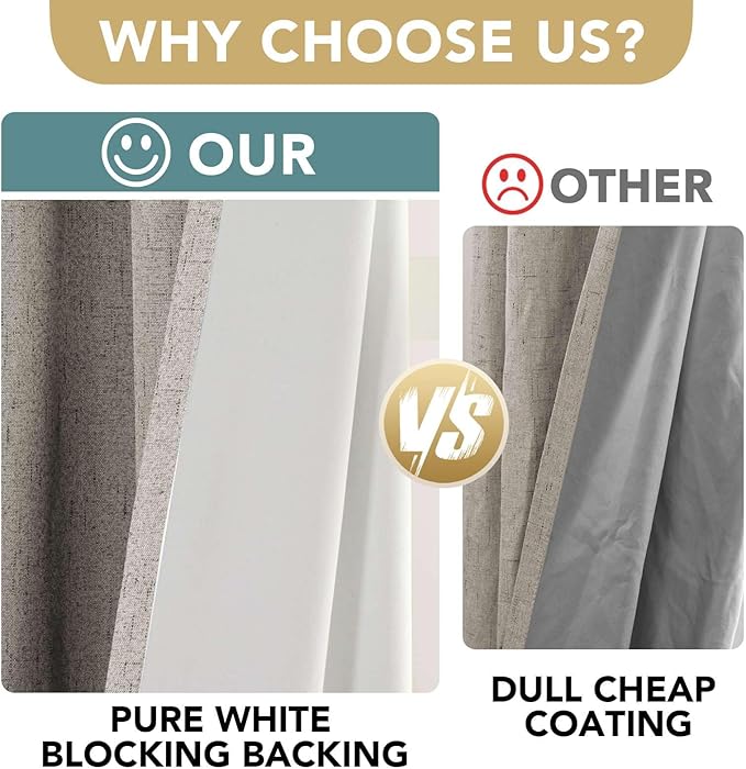 H.VERSAILTEX Linen Look 100% Blackout Curtains 63 Inches Long for Bedroom Full Light Blocking Rod Pocket 42 Inches Wide Linen Textured Thick Window Curtain Drapes with White Backing, Stone, 2 Panels