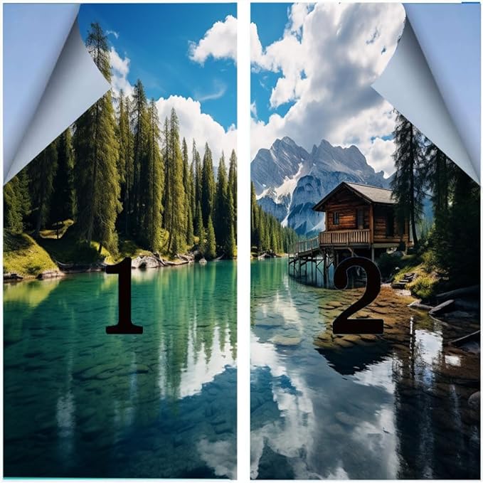 Modern Lake Privacy Window Film Simple Cabin Nature Tree Mountain View Glass Sticker Window Film Home Windows Glass Decorative Door Covering Sun Blocking 27.6Wx39.4L inch x 2pcs