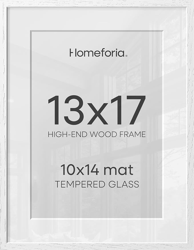 Homeforia 13x17 White Picture Frame, High End Oak 13x17 White Wooden Poster Frames with Mat 10x14 for Print, 13 x 17 Wood Frame Matted to 10 x 14 Photo, 17x13 Frame, Tempered Glass, Wall Kit, Set of 1