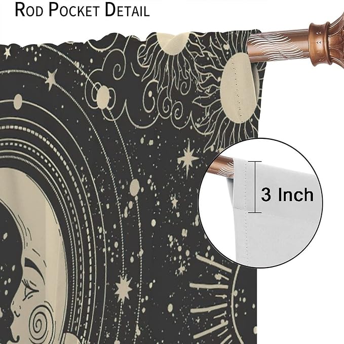 Bohemian Sun Moon Blackout Windows Curtains, Golden Sun Crescent Moon and Stars Vintage Cosmic Galaxy Printed Curtains, for Living Room Bedroom 84x84in 2 Panels