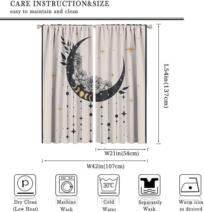 Witchy Curtains, Moody Curtains for Bedroom, Goth Curtains, Moth Curtains Moon Curtains for Bedroom Living Room W42xL54 Inch