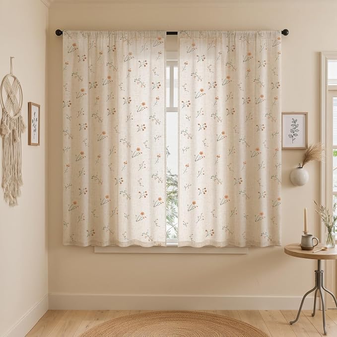 Floral Embroidered Linen Blend Curtains for Bedroom, 63 Inch Light Filtering Spring Farmhouse Vintage Drapes Beige Flower Window Treatments for Living Room Rod Pocket, Set of 2 Panels