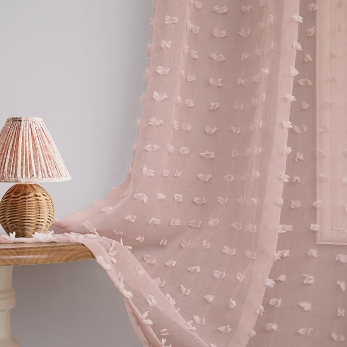 DANCURTON Sheer Pink Curtains 90 Inches Long 2 Panels Set Pom Pom Semi Sheer Drapes for Girls Room Kids Nursery Back Tab Rod Pocket Cute Polka Dot Curtains 90 Inch Length for Bedroom 52x90 Dusty Pink
