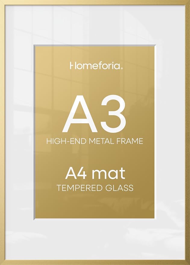 Homeforia A3 Picture Frame Gold, High End Metal 11.7 x 16.5 inch Poster Frames with Mat 8.3 by 11.7 for Photo, A3 Size Frames Matted to A4 Print, 11.7x16.5 Wall Hanging Frame, Tempered Glass, Set of 3