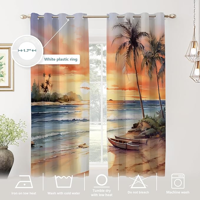 Shrahala Sunset Beach Thermal Insulated Blackout Window Curtains, Tropical Seaside Scene Long Drapes for Bedroom/Living Room with Plastic Grommet, 52X63 Set of 2