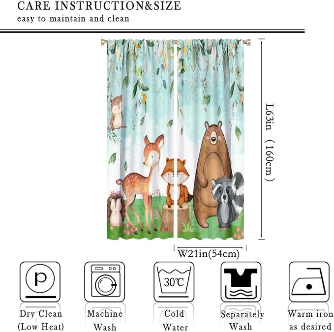 YCness Kid Forest Woodland Animal Fox Elk Bear Watercolor Print Curtains for Nursery Bedroom Living Room, Rustic Safari Wild Animal Blackout Window Drapes 2 Panel Set, 42x63 Inch