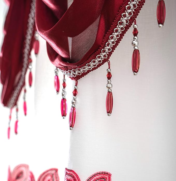 Petrichor Embroidered Sheer Curtain 2 Panels Set - Luxury Window Curtain Attached Valance with Satin Backing and 2 Tie Backs for Living Room,Dining Room, 54x84 inches, Burgundy
