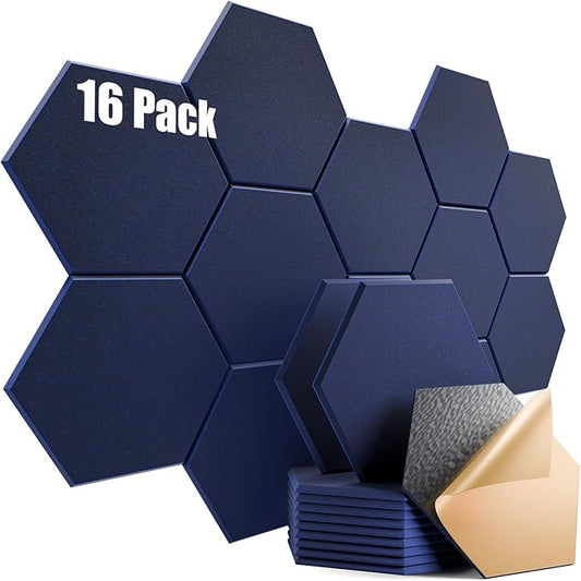 16 Pack Self-Adhesive Acoustic Panels 12" X 10" X 0.4" - Sound Proof Foam Panels for Wall with High Density, Hexagon Design, Flame Resistant, Absorb Noise and Eliminate Echoes(Dark Blue)
