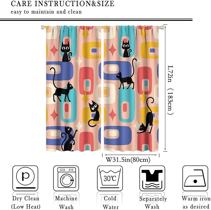 JESTRONRY Mid Century Style Curtains, Black Cat Modern Abstract Geometric 1950s 60s Vintage Colorful Blackout Rod Pocket Window Drapes for Living Room Bedroom Home Decor 63x72in