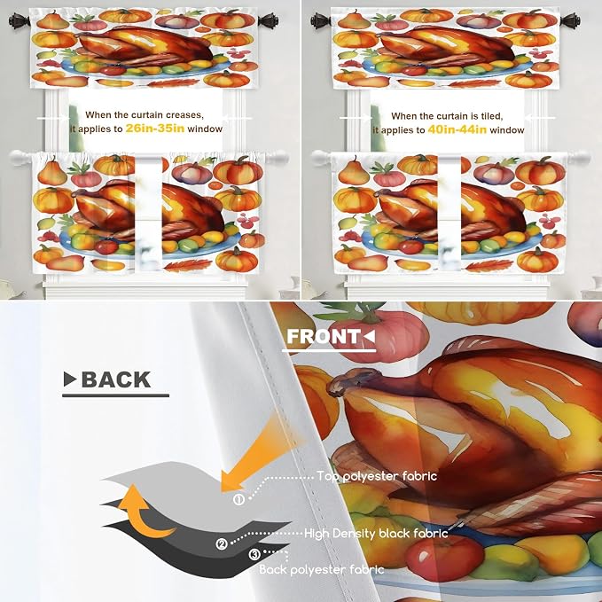 Shrahala Turkey Pumpkin Thanksgiving Blackout Curtain Tiers, Watercolor Fruits Delicious Food Pears Kitchen Valance Light Blocking Tier Drapes with Rod Pocket, 2 Pack 26 X 24 in