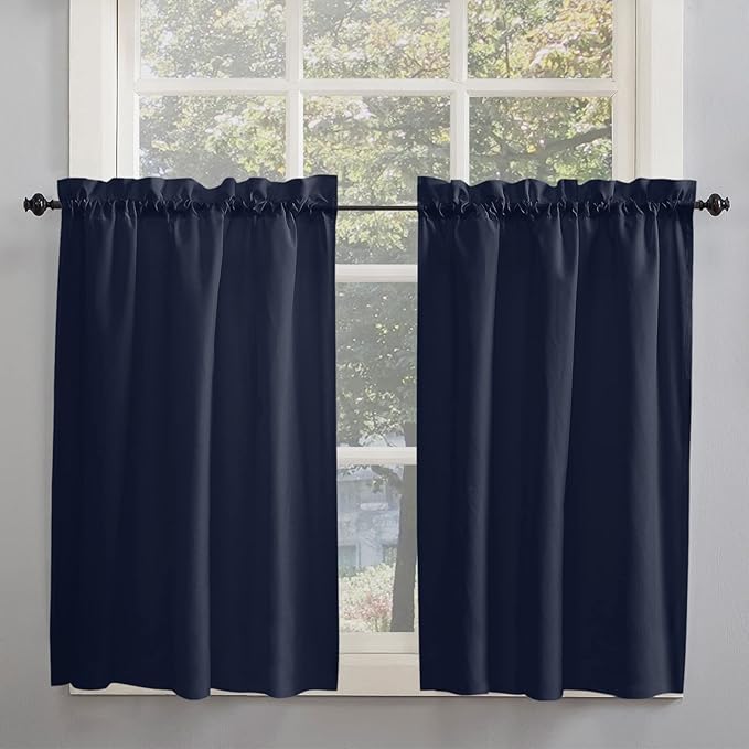 45 Inch Long Tier Curtains for Kitchen, Solid Color Dark Blue Bathroom Window Curtains Rod Pocket Short Curtains Window Treatment Tiers for Living Room Farmhouse 2 Panels