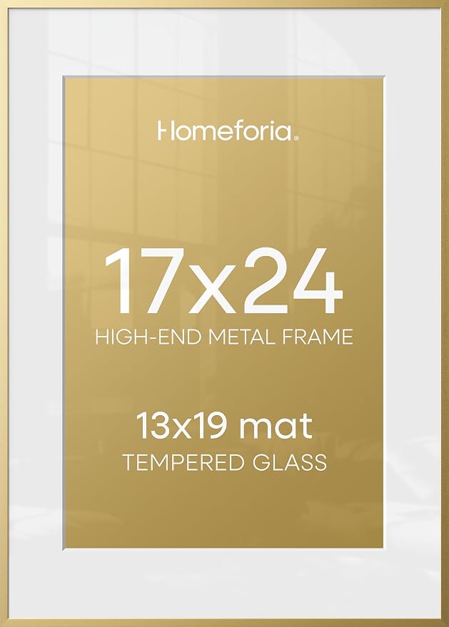 Homeforia 17x24 Picture Frame Gold, High End Metal 17x24 Poster Frames with Mat 13x19 Photo, 17 x 24 Gold Frame Matted to 13 by 19 Print, 24by17 Thin Hanging Frames, Tempered Glass, Wall Kit, Set of 2