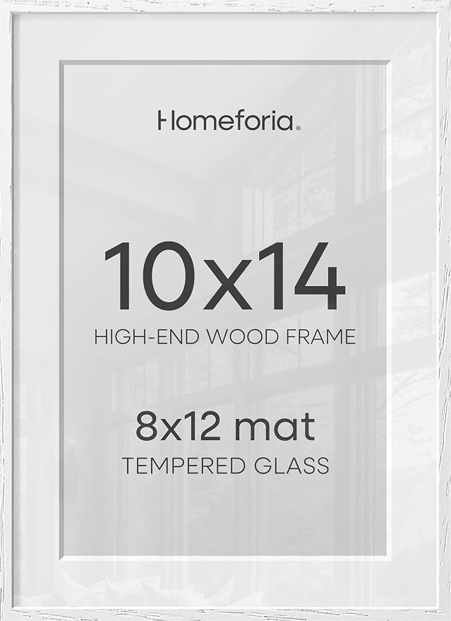 Homeforia White Frame 10x14 Wood, High End Oak 10x14 Picture Frames with Mat 8x12, 10 x 14 White Wooden Poster Frame Matted to 8 x 12 inch Photo, 14by10 Thin Frames, Tempered Glass, Wall Kit, Set of 1