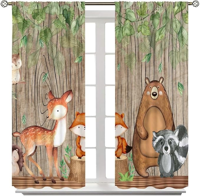 YCness Forest Animal Kids Curtains, Wild Rustic Bear Fox Deer Children Cartoon Window Treatments for Living Room, Watercolor Navy Blackout Drapes 2 Panel Sets,42x54 Inch, Style-7