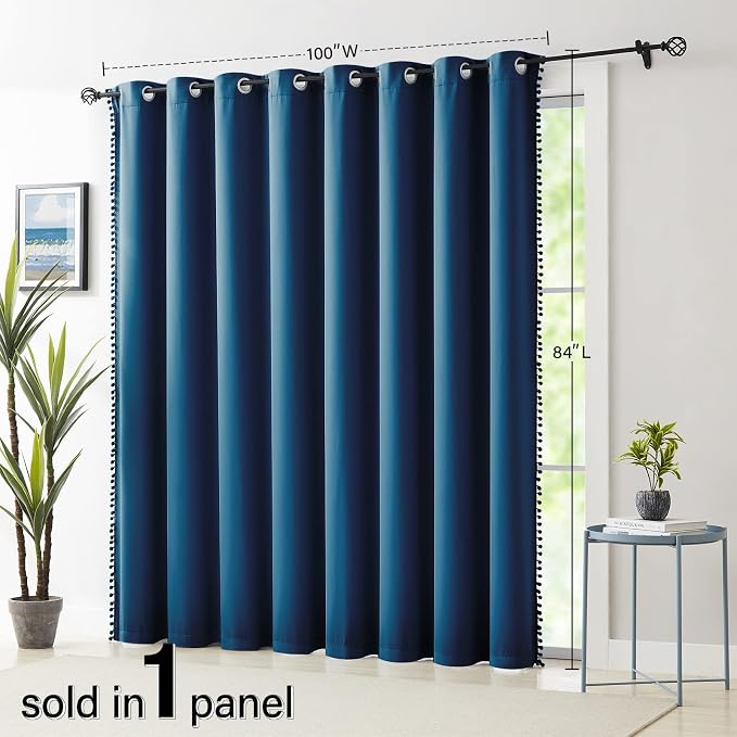 Treatmentex 100% Blackout Patio Door Curtains 100x84 Navy Blue Pom Pom Curtain Panels for Sliding Glass Door, Energy Efficient Thermal Insulated Blackout Curtains for Living Room Bedroom Grommet Top