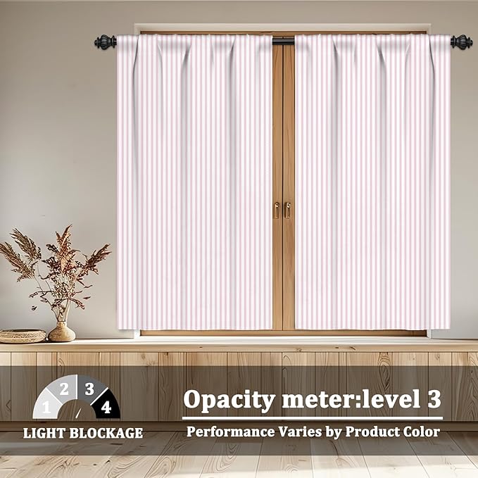 Renaiss 42 x 54 Inch Pink Striped Kitchen Curtains Heavy Linen Cafe Curtain Modern Farmhouse Window Treatment Tiers for Living Room Bathroom RV Camper Small Window Light Filtering Rod Pocket 2 Panels