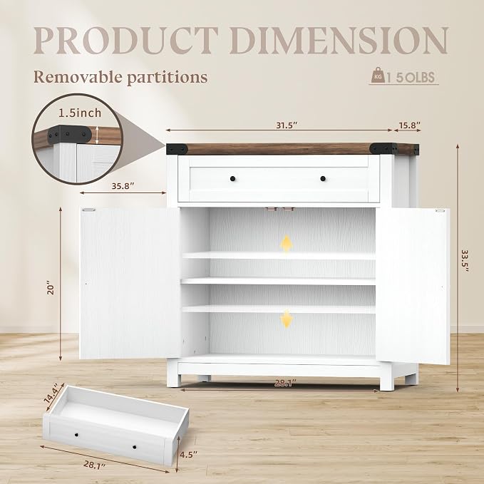 YESHOMY Coffee Bar and Accent Cabinet, Farmhouse Barn Door Buffet Sideboard with Drawer and Adjustable Shelf, Wide Desktop for Kitchen, Dining Room, Bathroom, Entryway, Brown & Rustic White