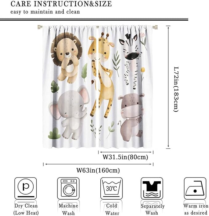 Nursery Curtains Jungle Safari Theme with Giraffe Print, Kids Room Classroom Decor, 63x72 Inches, 75% Blackout Fabric for Baby Nursery, Animal Cub Design, Easy Install & Machine Washable