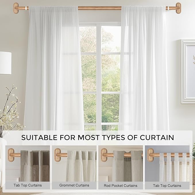 Wrap Around Curtain Rods Wood, Blackout Heavy Duty Curtain Pole for Windows 48 to 84 Inch, 1" Decorative Room Darkening Curved Boho Drapery Rod (Wood/Unique Design/All Metal)