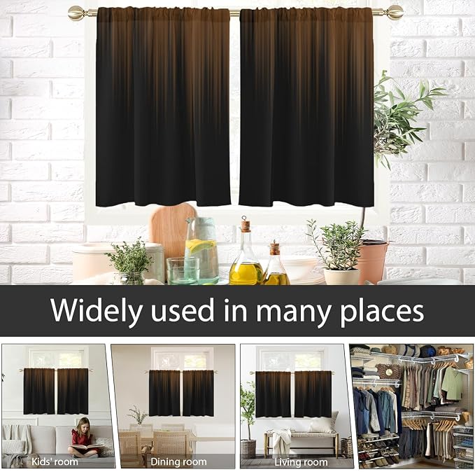 AAtter Brown and Black Kitchen Curtains, Ombre 27.5" W x 39" L, 2 Panels | Modern Striped Rod Pocket Drapes, Dark Abstract Gradient Style, Moody Masculine Design, Small Short Bathroom Window Tiers