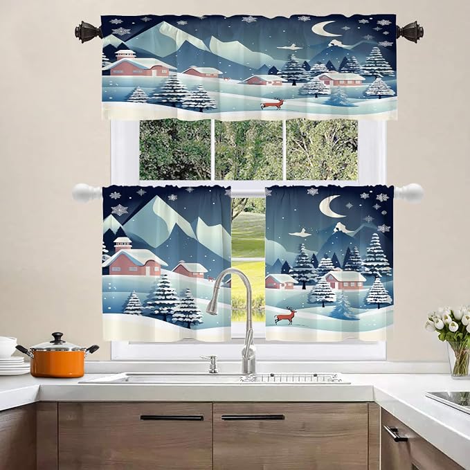 Shrahala Winter Snow Landscape Blackout Curtain Tiers, Snowy Tree Fields Houses Hills Kitchen Valance Light Blocking Tier Drapes with Rod Pocket, 2 Pack 26 X 24 in