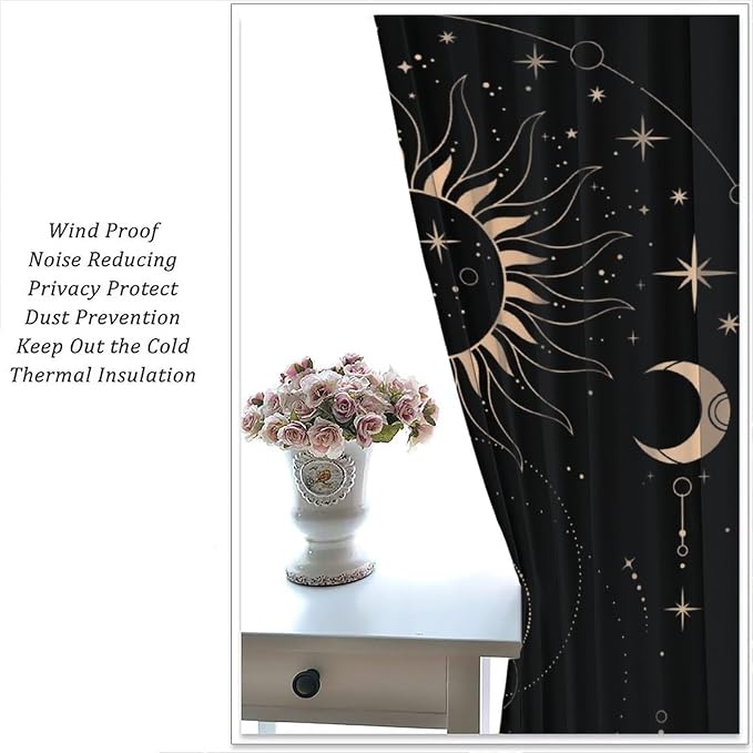 Golden Sun Moon Blackout Curtains, Abstract Modern Boho Sun Moon Star Window Drapes, for Bedroom Living Room 52" W X 84" L