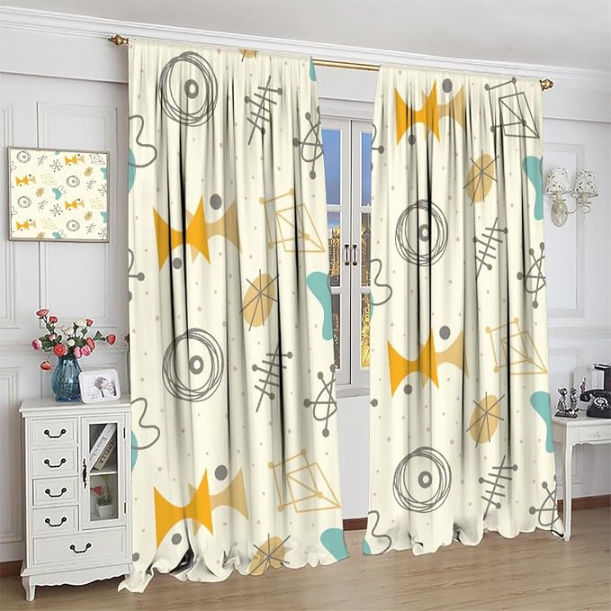 JESTRONRY Mid Century Modern Curtains,Vintage 1950s Atomic Stars Abstract Geometric Shapes Window Treatments Curtains for Living Room Bedroom Kitchen Bathroom Home Decor C 52x84in