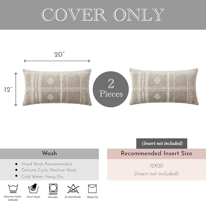 BlissBlush Decorative Lumbar Pillow Covers 12x20 Set of 2, Boho Taupe Chenille Accent Rectangular Throw Pillow Covers for Couch Sofa Living Room Home Décor (Cover Only)