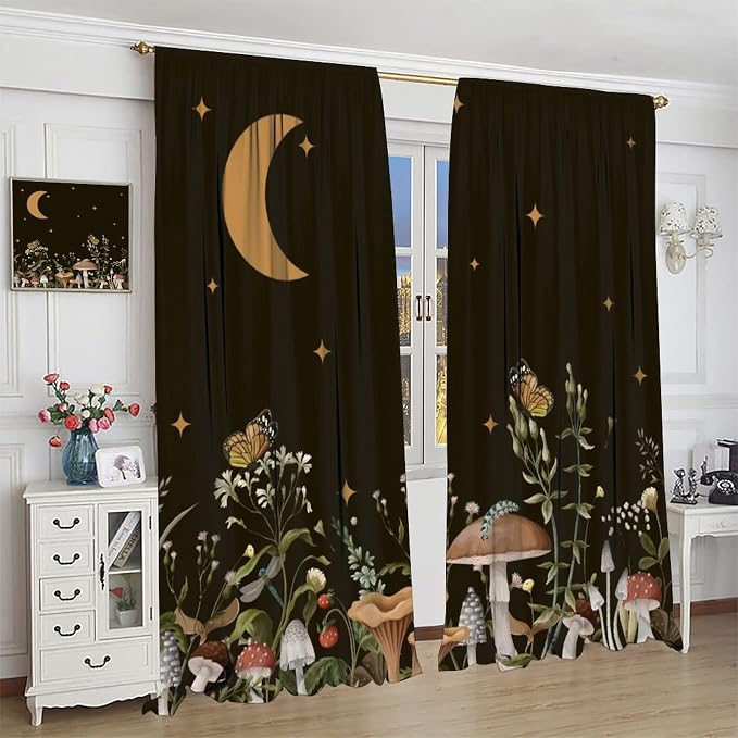 Wild Mushroom Blackout Curtains,Retro Floral Plants Boho Moon Star Window Drapes,Butterfly Botanical for Living Room Kitchen Bedroom,Black Background 63x72in