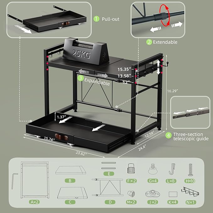 NETEL Expandable Microwave Stand with Storage,2 Tier Kitchen Countertop Organizer Shelves with 8 Hooks,Microwave Shelf with Pull Out Storage Tray and Cup Holders,55lbs Weight Capacity,Black