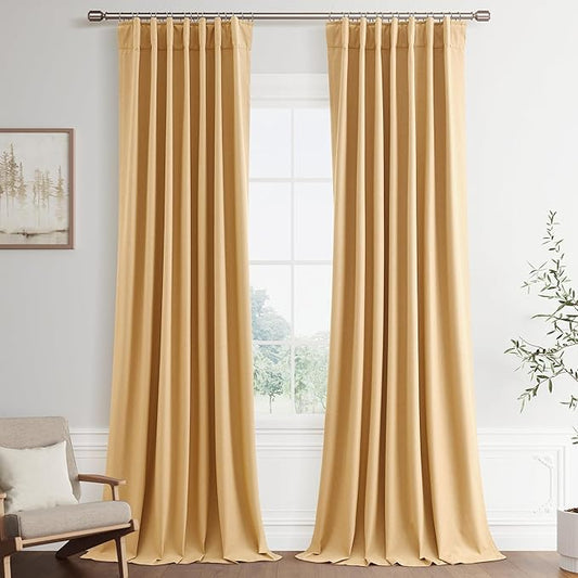 Joywell 100% Blackout Linen Curtains 102 Inch Long for Large Bedroom Window Hook Belt Back Tab Black Out Curtain Noise Reduction Drapes for High Ceiling Window 2 Panels,52 x 102,Camel