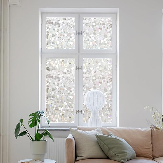 Lemon Cloud Window Privacy Film, Stained Glass Decorative Static Clings, Frosted UV Blocking Colorful Rainbow Window Stickers, Renter-Friendly Non-Adhesive Vinyl Covering, Pebble Pattern, 17.5"×78.7"